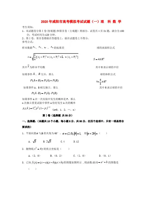 陕西省咸阳市2020年高考数学模拟考试试题(一)理 北师大版