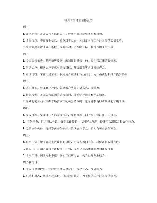 每周工作计划表格范文