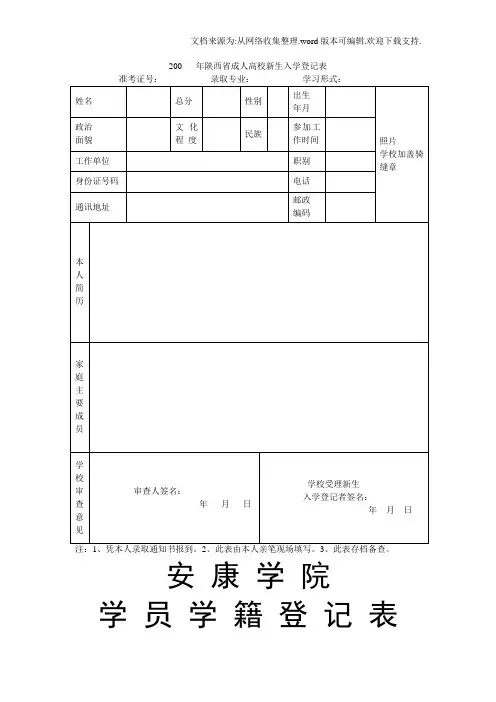 年陕西省成人高校新生入学登记表