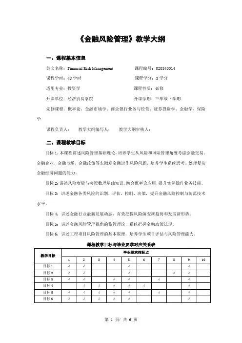 《金融风险管理》教学大纲