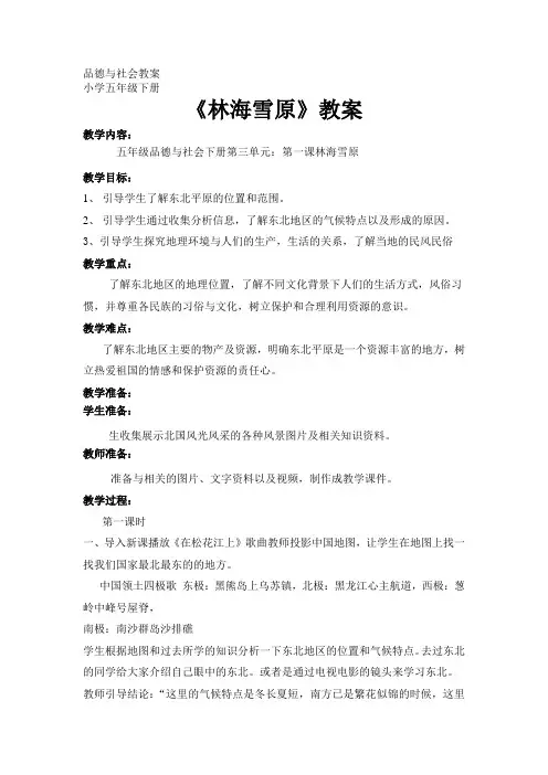 品德与社会五年级下册《林海雪原》教案