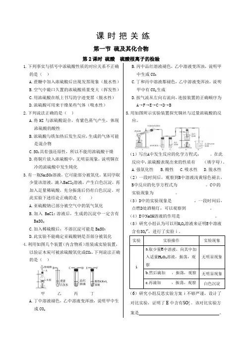 人教版高中化学必修第二册 第五章 第一节 第2课时 硫酸 硫酸根离子的检验(同步练习含答案)