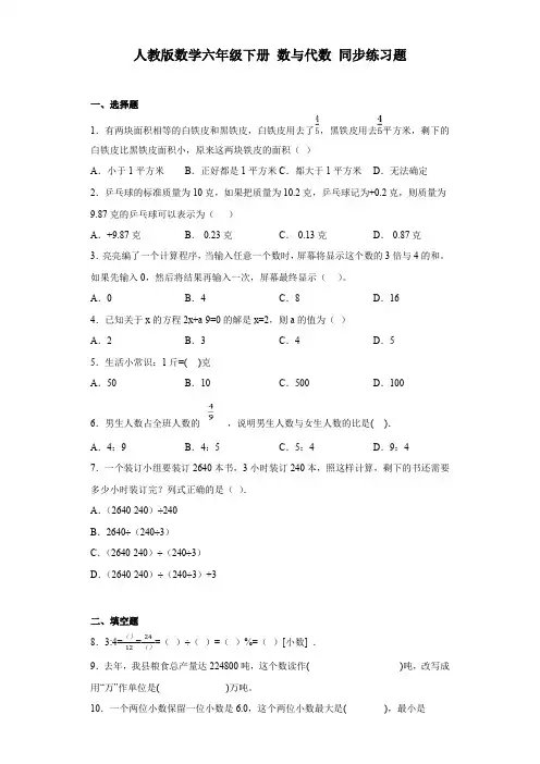 人教版数学六年级下册 数与代数 同步练习题