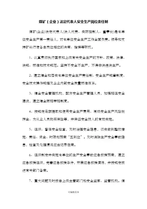 煤矿(企业)法定代表人安全生产岗位责任制