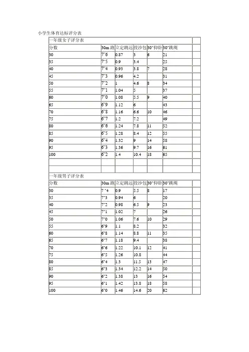 小学生体育达标评分表