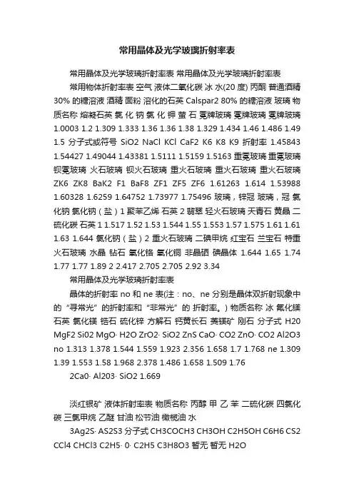 常用晶体及光学玻璃折射率表