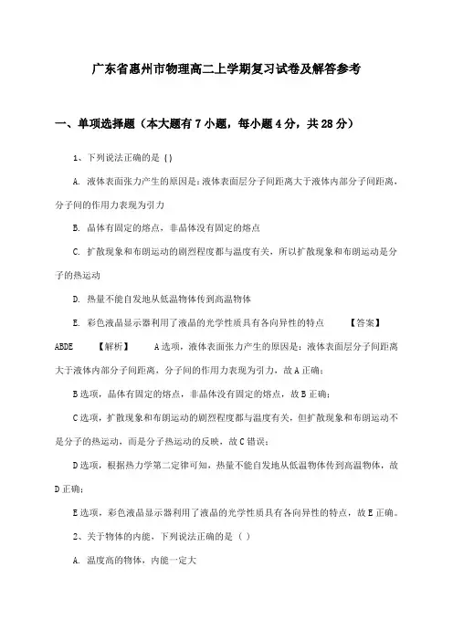 广东省惠州市物理高二上学期复习试卷及解答参考