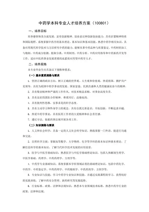 中药学本科专业人才培养方案100801