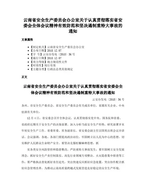 云南省安全生产委员会办公室关于认真贯彻落实省安委会全体会议精神有效防范和坚决遏制重特大事故的通知