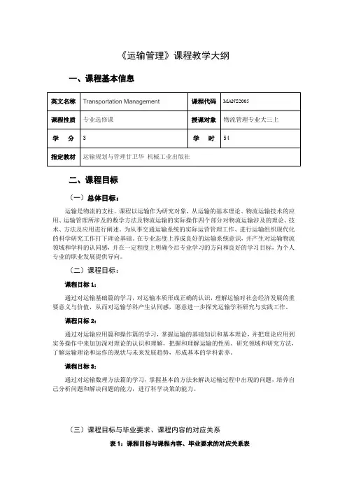 运输管理课程大纲