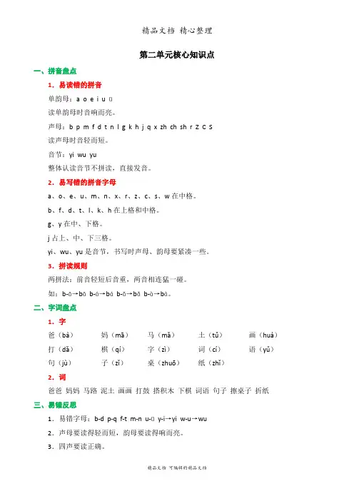 部编人教版一年级上册语文 第二单元核心知识点