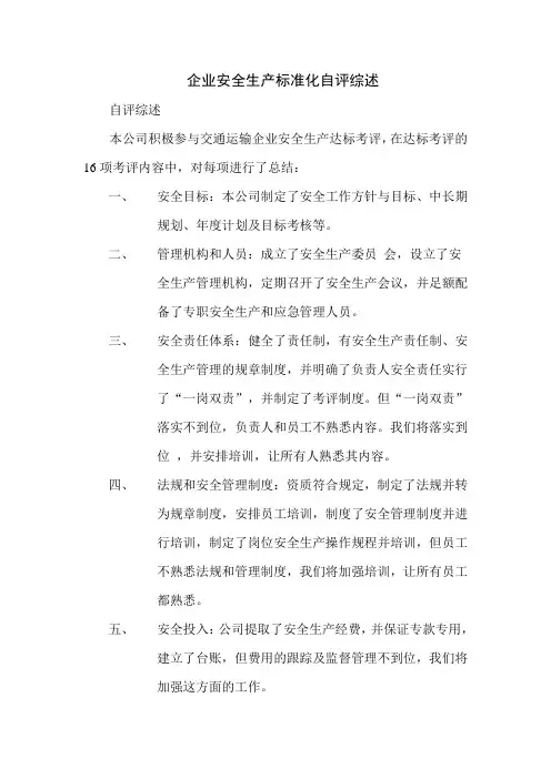企业安全生产标准化自评综述