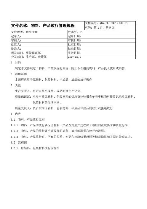 002-01物料、产品放行管理规程