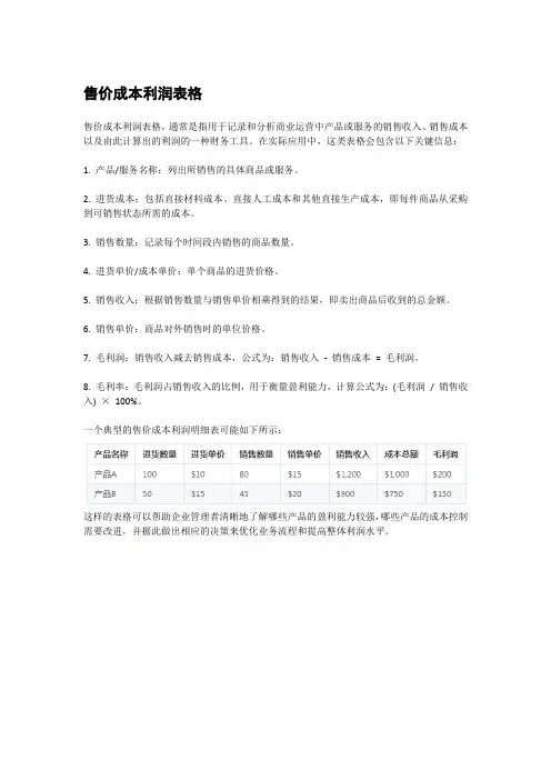 售价成本利润表格