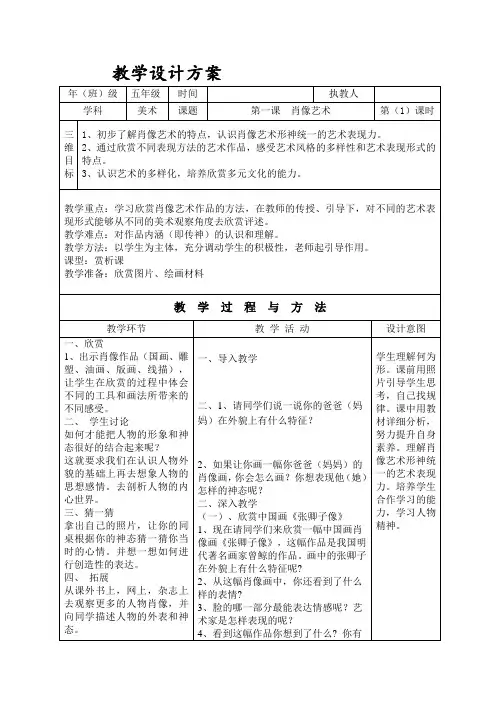 五年级美术,第一课肖像艺术