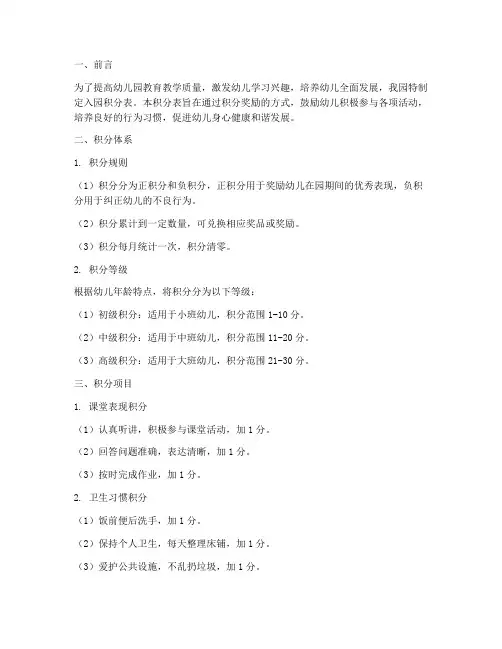 入园积分表