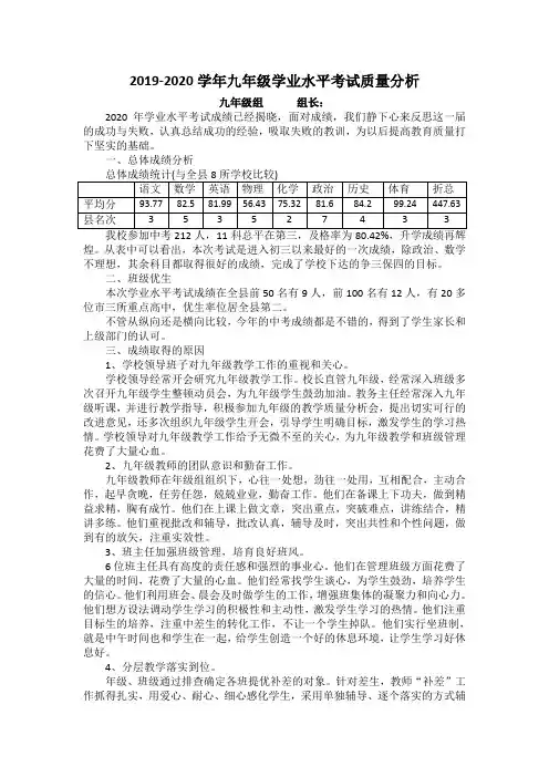 2019-2020学年九年级学业水平考试质量分析