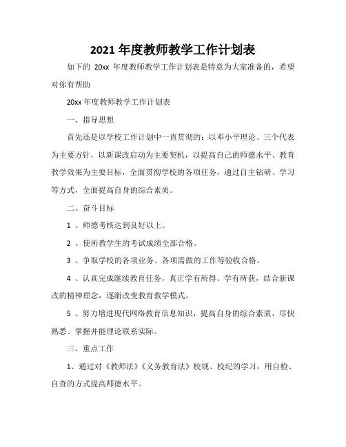 2021年度教师教学工作计划表