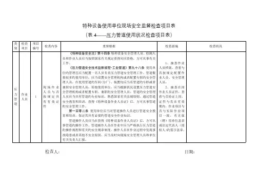 特种设备使用单位现场安全监督检查项目表压力管道使用情况