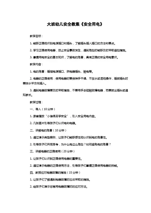 大班幼儿安全教案《安全用电》