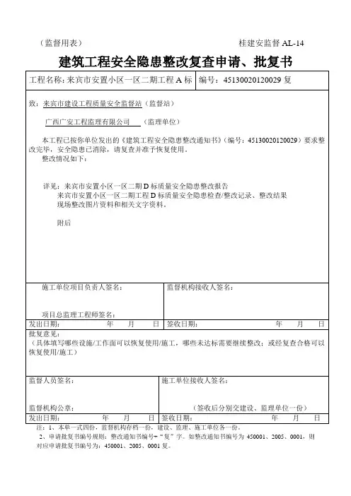 安全隐患整改复查申请、批复书(监督站)