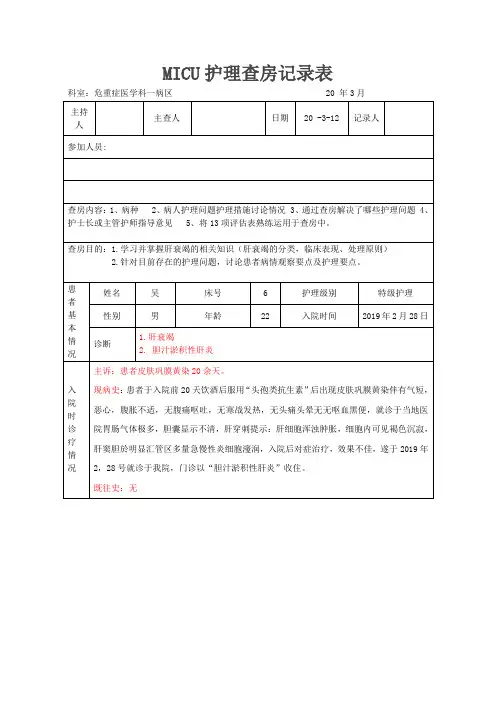 护理部肝衰竭患者护理查房-记录表