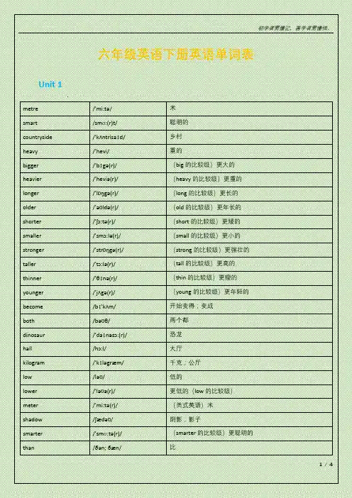 六年级英语下册英语单词表