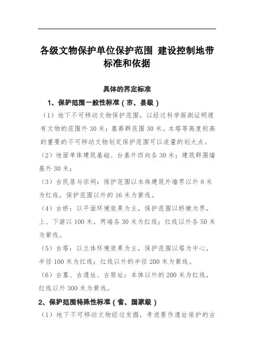 各级文物保护单位保护范围、建控地带标准和依据