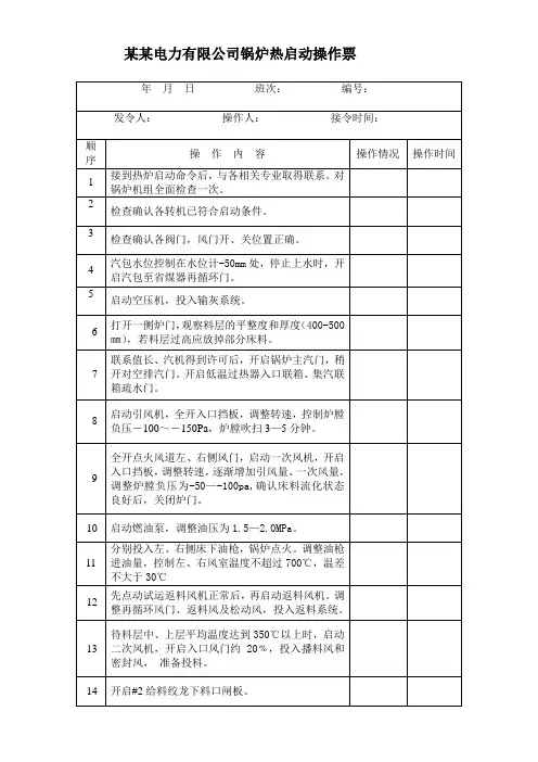 锅炉热启动操作票