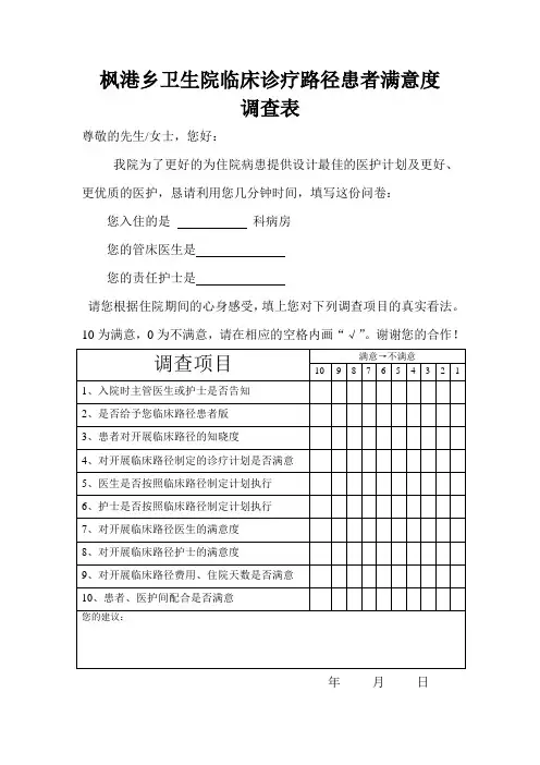临床路径患者满意度调查表