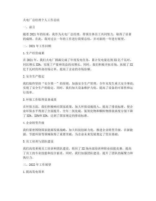 火电厂总经理个人工作总结