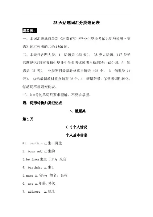 中考28天话题词汇分类速记表