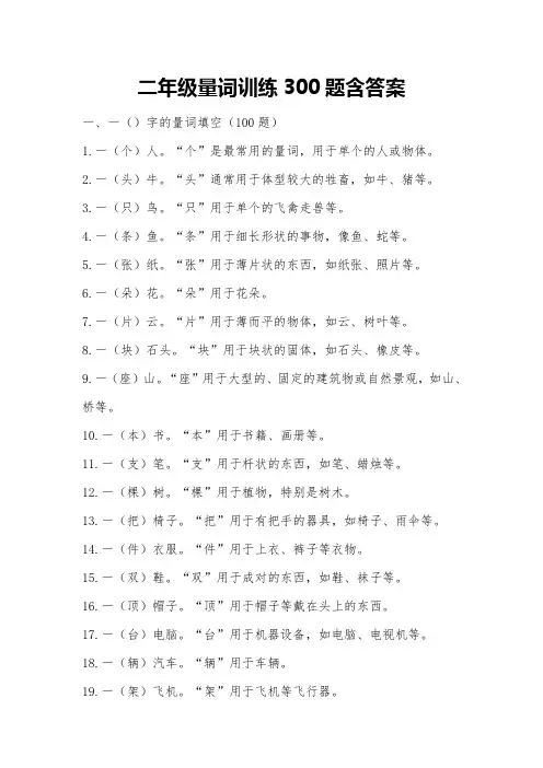 二年级量词训练300题含答案