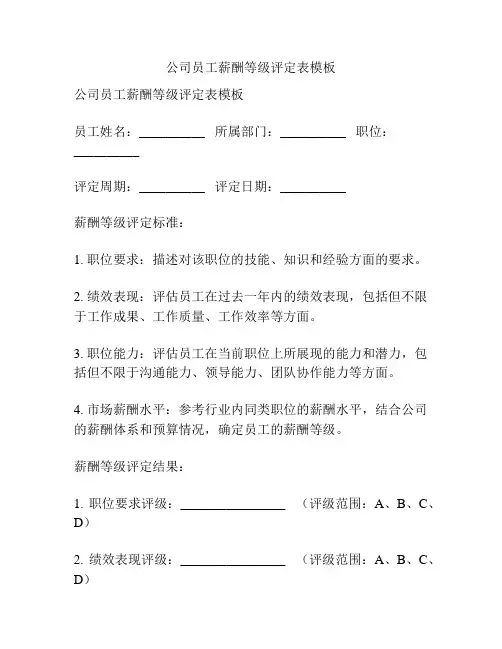 公司员工薪酬等级评定表模板
