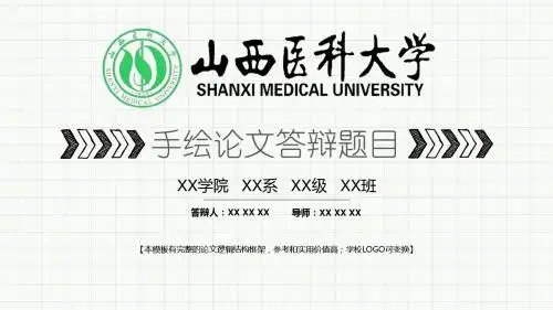 山西医科大学 手绘论文答辩模板 精美框架式PPT模板