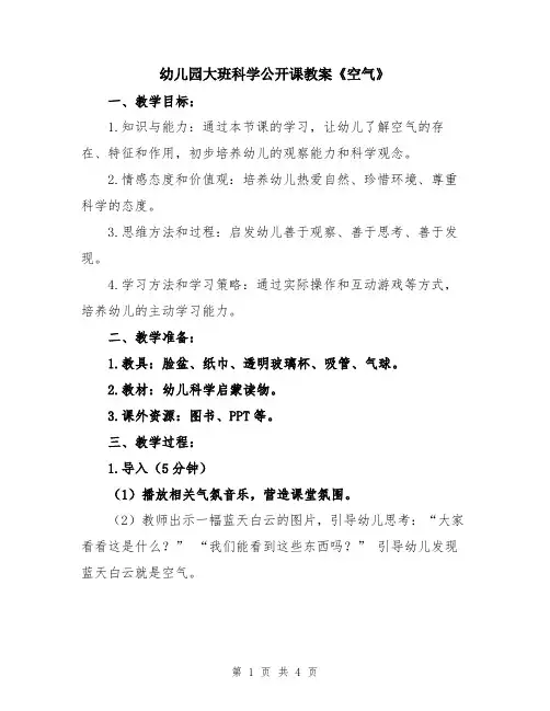幼儿园大班科学公开课教案《空气》