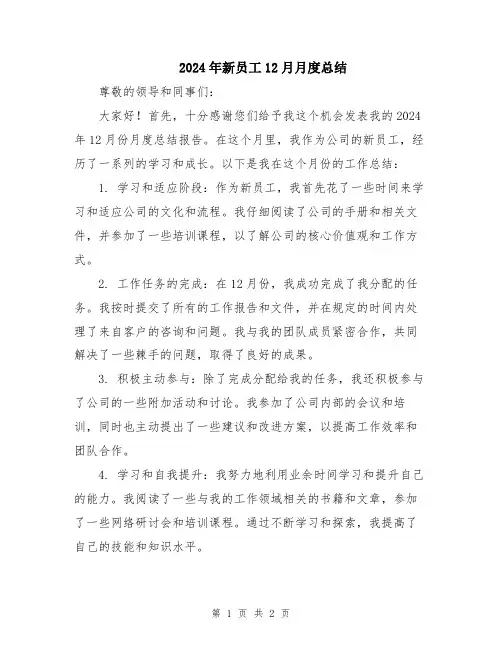2024年新员工12月月度总结