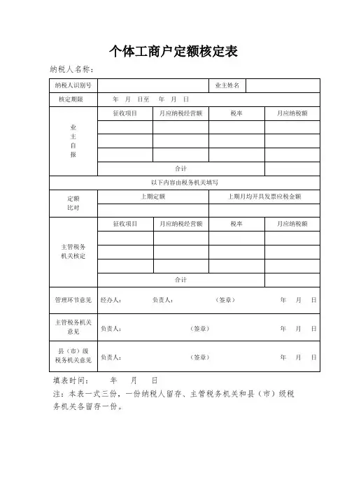个体工商户定额核定表