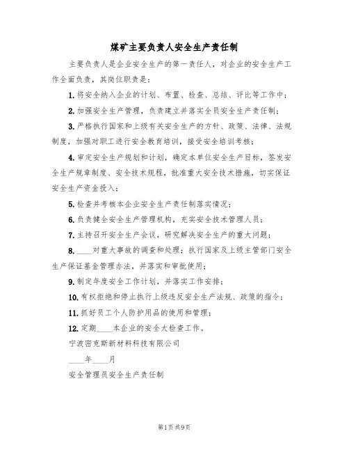 煤矿主要负责人安全生产责任制（五篇）