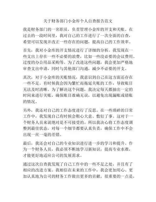关于财务部门小金库个人自查报告范文