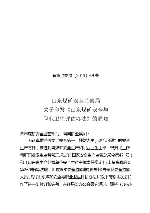 2013年《山东煤矿安全与 职业卫生评估办法》