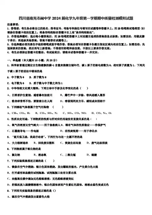 四川省南充市阆中学2024届化学九年级第一学期期中质量检测模拟试题含解析