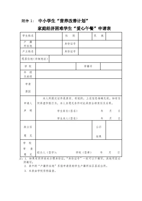 “爱心午餐”申请表