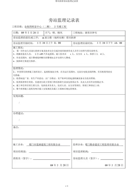 塔吊拆除旁站监理记录表