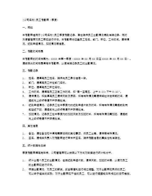 [公司名称]员工考勤表(季度)