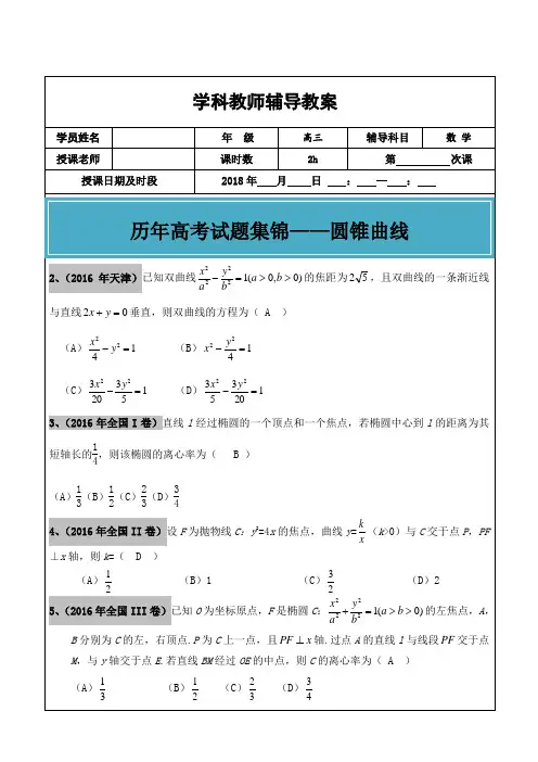高考文科数学真题大全圆锥曲线老师版
