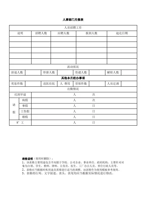 人事部门月报表