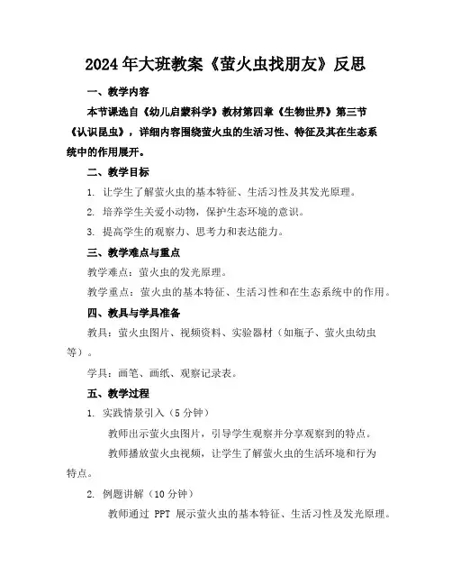 2024年大班教案《萤火虫找朋友》反思