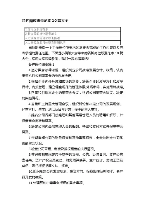 各种岗位职责范本10篇大全