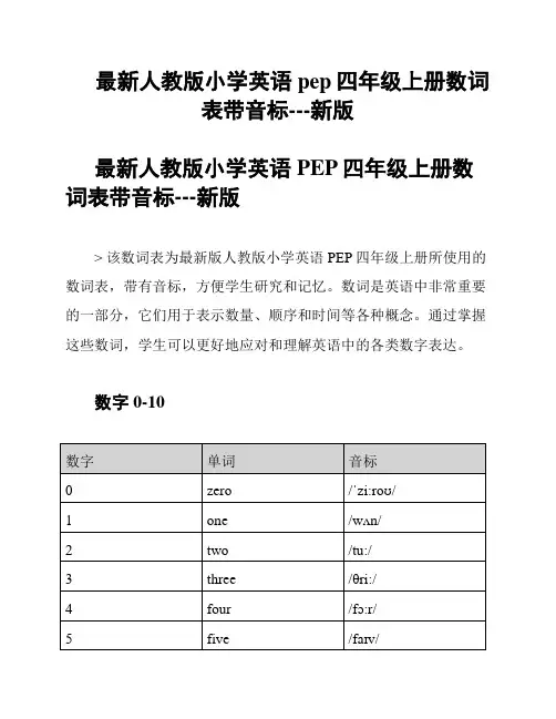 最新人教版小学英语pep四年级上册数词表带音标---新版